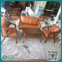 COMBO 1 bộ sofa gỗ cafe 1 bàn 2 đơn 1 văng gỗ tự nhiên đệm bọc da