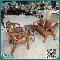 COMBO 1 bộ sofa gỗ cafe 1 bàn 2 đơn 1 văng gỗ tự nhiên đệm bọc da